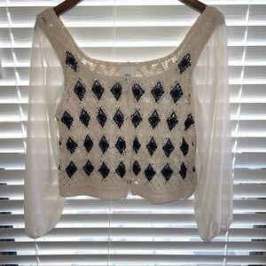 LOLA VNTG INSPIRED DIAMOND CROCHET CROPPED CARDIGAN W/ SHEER LONG SLEEVES/SMALL